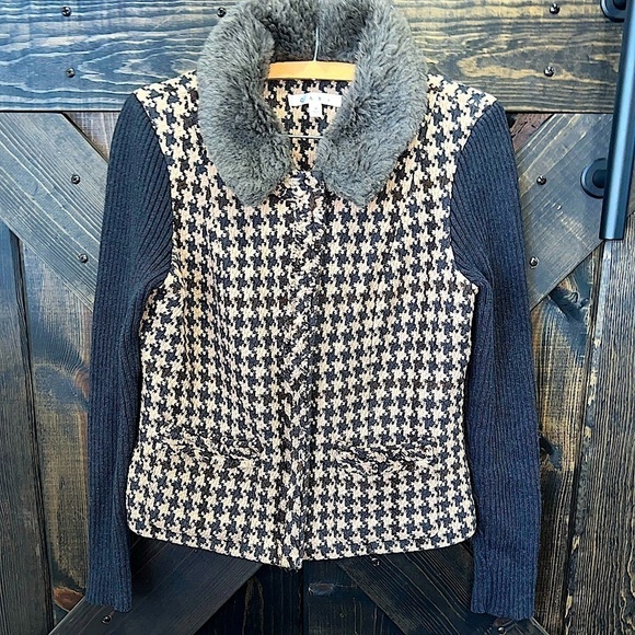 Cabi Houndstooth Tweed Jacket 4 Faux Fur Collar Brown Black Neutral Pattern Zip - Picture 1 of 10